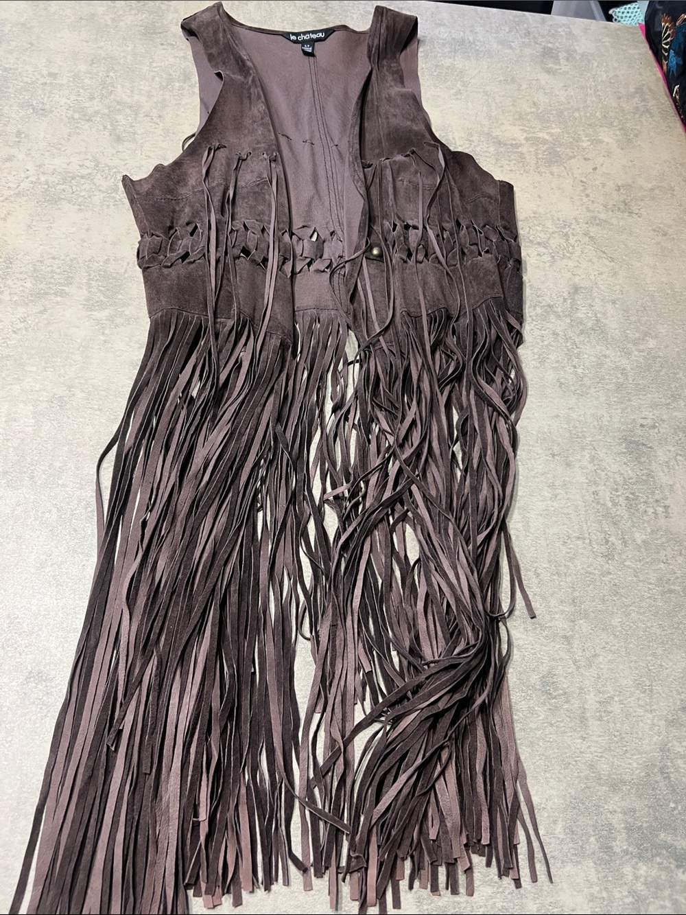 le chateau dark brown suede fringe vest